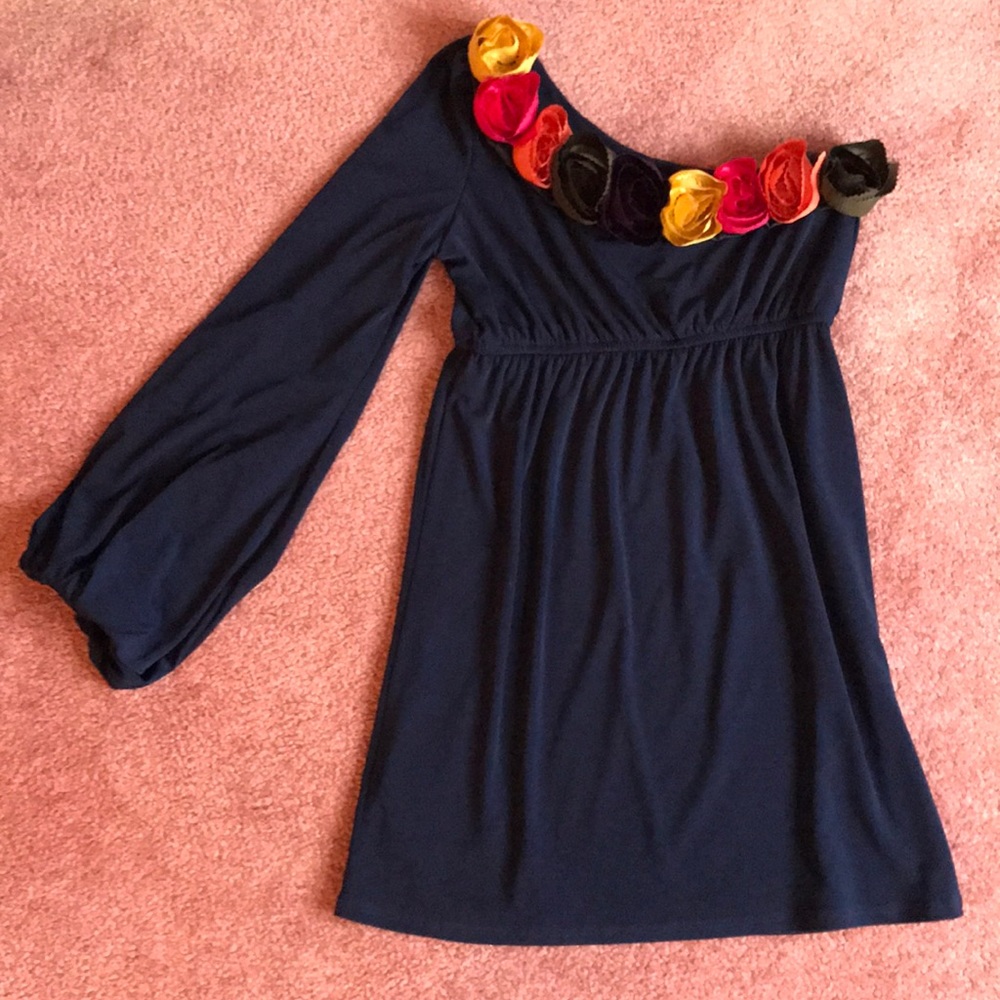 One shoulder navy floral dress